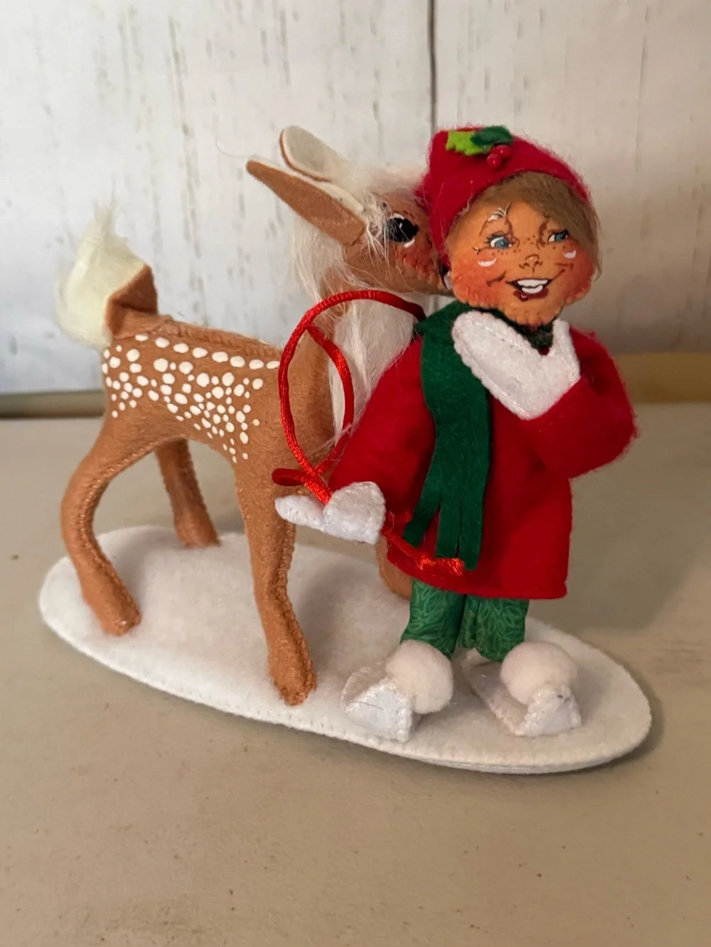 Holiday Elf and Fawn Figurine - Red & Green Holiday Decor